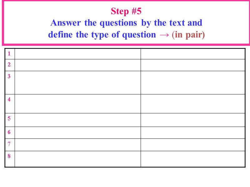 Step #5 Answer the questions by the text and  define the type of